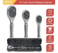 3Pc Stubby Ratchet Handle Set 1/4" 3/8" 1/2" Short Socket Wrench Reversible 72T