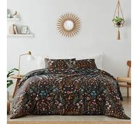 3pc Super King Size Duvet Set (Black Boho Wildflower Floral) Bedding, Bed in a Bag, Kingsize Duvet Cover & Pillowcases (Orange, Bohemian Aesthetic, Botanical Cottagecore, Vintage Garden, Indie Flower)