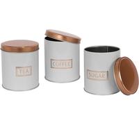 3pc Tea Coffee Sugar Canister Set White & Copper Round Metal Kitchen Storage
