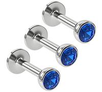 3pc Triple Forward Helix 16g 1.2mm Labret Bar Jewellery Set 6mm Surgical Stainless Sapphire Blue CZ Crystal