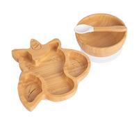 Tiny Dining Baby Dinner Set - Unicorn - White - 3pc - Divided Non-Slip Bamboo Self-Feeding Weaning Plate, Bowl & Spoon for Babies, Toddlers, Children