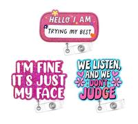 3PC We Listen We Don't Judge Badge Reels I’m Fine Just My Face Hello Trying My Best Funny Cute Name ID Holder Retractable Clip Glitter Accessories Medical Assistant MA CNA Nurse Office Workers Gift