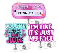 3PC We Listen We Don't Judge Badge Reels I’m Fine Just My Face Hello Trying My Best Funny Cute Name ID Holder Retractable Clip Glitter Accessories Medical Assistant MA CNA Nurse Office Workers Gift