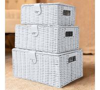 HomeZone Pack of 3 White Wicker Storage Baskets with Lids Lockable Lidded Woven Storage Baskets Hampers Pretty Storage Boxes with Lid for Bathroom Bedroom Kitchen Stairs Rattan Storage Box with Lid