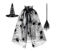 3PC Witch Halloween Costume Cape Black Spider Web for Women Adult Cloak