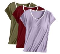 3PC Womens T Shirts Summer Tops Short Sleeve T-Shirt with Built in Bra Basic Padded Tee Tops Casual Solid Color Scoop Neck Undershirt Super Soft Modal Blouse for Daily Wear