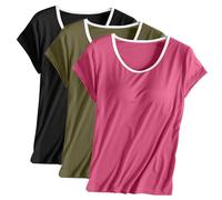 3PC Womens T Shirts Summer Tops Short Sleeve T-Shirt with Built in Bra Basic Padded Tee Tops Casual Solid Color Scoop Neck Undershirt Super Soft Modal Blouse for Daily Wear