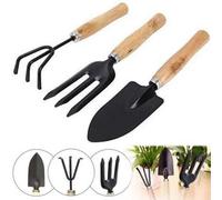 3Pc Wood Wooden Gardening Garden Hand Tool Set Cultivator Fork Trowel Shovel Kit