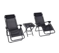 OUTSUNNY 3PC Zero Gravity Chairs Sun Lounger Table Set w/ Cup Holders in Black Outsunny Black