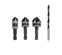 3PCS 1/4 Inch Hex Shank 5 Flute 90 Degree Chamfering Countersink Drill Bit Set （12mm 16mm 19mm）, 1PCS 8mm Brad Point Wood Drill Bits for Woodworking