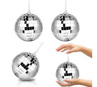 3Pcs 10cm Disco Ball Decorations, Mirror Ball Sparkly with Hanging Ring, Silver Glitter Balls, Hanging Disco Light Mirror for 70s 80s DJs Party Wedding Birthday Cake Topper Christmas Tree Decor