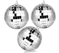 3Pcs 10cm Disco Ball Decorations,Silver Glitter Balls Hanging Disco Light Mirror Balls Sparkly,Christmas Tree Bauble Hanging Ball for 70s 80s DJ Retro Party Wedding Birthday Stage Prop Lighting Effect