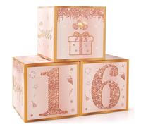 3Pcs 16th Birthday Party Decorations Boxes for Girls - Pink Rose Gold Happy 16th Birthday Balloons Boxes,Sixteen Year Old Party Supplies for Girls