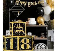 3Pcs 18th Birthday Decorations Boxes for Boys - Black Gold Happy 18th Birthday Balloons Boxes, 18 Year Old Party Supplies, Eighteen Birthday Theme Cardboard Box Table Decorations for Boys