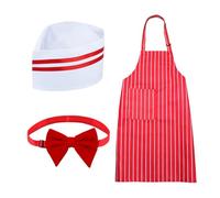 3Pcs 1950s Waiter Costume Kit Red and White Striped Apron Chef Hat Bow Tie Carnival Cosplay Party Outfit
