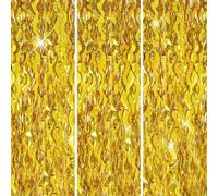 3pcs 3.2ft x 6.5ft Tinsel Curtain Decorations,Gold Wavy Tinsel Foil Fringe Curtains Streamers Backdrop for Birthday Graduation Wedding Baby Shower Thanksgiving Xmax New Years Party Supplies