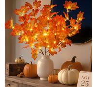 3PCS 30'' Fall Lighted Maple Leaves Branches Stems with Timer Thanksgiving Decor, Battery Operated, 60 LEDs Autumn Artificial Maple Branch with Twig Lights for Vases Halloween Party Porch Decoration