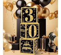 3Pcs 30th Birthday Decorations Boxes for Boys Men - Black Gold Happy 30th Birthday Balloons Boxes, 30 Year Old Party Supplies, Thirty Birthday's Theme Cardboard Box Table Decorations for Boys Men