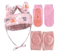 3PCS 360 degrees Anti-Collision Helmet set with Soft Padding, Adjustable & Breathable Head Protection Lightweight Design for Comfort, Pink Knee Pads for Crawling And non-slip socks for Active Play