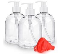 3Pcs 500ml/17oz Empty Refillable Plastic Pump Bottles, Reusable Large Capacity Transparent Soap Lotion Dispenser with Silicone Funnel & Labels for Shampoo Conditioner Liquids Shower Gel Hand Soap