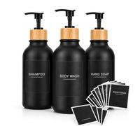 3PCS 500ml Glass Soap Dispensers with Waterproof Black Labels Black Refillable Bottles with Bamboo Pump for Body Wash, Shampoo, Conditioner
