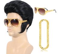 3pcs 50s Rock Wig Set with Sunglasses and Necklace for Men, 50s 60s 70s Wigs Fancy Dress Style for Party Cosplay Halloween Christmas
