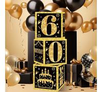 3Pcs 60th Birthday Decorations Boxes for Men - Black Gold Happy 60th Birthday Balloons Boxes, 60 Year Old Party Supplies, Sixty Birthday's Theme Cardboard Box Table Decorations for Men