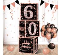 3pcs 60th Birthday Decorations Boxes for Women, Rose Gold Happy 60 Birthday Balloons Boxes Party Supplies, Sixty Bday Theme Cardboard Box Decor