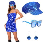 3Pcs 70s Disco Party Hat Set for Women,Abba Sequin Hat with Sunglasses Glitter Accessorie,Hippie Costume Accessories Theme Party Fancy Dress Halloween Birthday Dance (Blue)