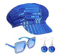 3Pcs 70s Sequin Hat Abba accessories Women Disco Accessories with Sequins Hat Sunglasses Earrings Disco Costume Set Fancy for Women Theme Party Birthday Dance (Blue)