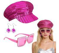 3Pcs 70s Sequin Hat Abba Disco, Abba Accessories With Abba Hats/Caps, Sunglassessequin, for Earrings Abba Accessories for Women,Costume Accessories for Cosplay Festival Retro Party Hippie Dance Disco