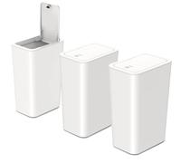 3pcs 9L Touch Top Bathroom Bin - Slim Plastic Trash Can with Lid for Bedroom, Kitchen, Office, Living Room and Toilet - Dog-Proof Narrow Design (White)