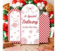 3pcs A Special Delivery Pizza Baby Shower Arch Backdrop Covers 4ft 5ft 6ft Slice Slice Baby Shower Decor Retro Red Checkered Photo Booth Background for Gender Reveal Birthday Banquet Supplies
