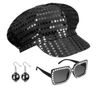 3Pcs Abba Fancy Dress Costume, Women Sequin Hat Eyeglasses Earrings Set, 70s 90s Disco Fancy Dress Accessories for Women Ladies Attending Masquerade Ball (Sparkling Black)