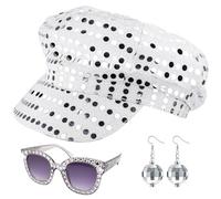 3Pcs Abba Fancy Dress Costume, Women Sequin Hat Eyeglasses Earrings Set, 70s 90s Disco Fancy Dress Accessories for Women Ladies Attending Masquerade Ball (Sparkling Silver)