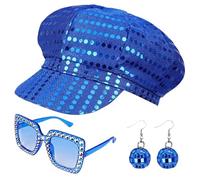 3Pcs Abba Fancy Dress Costume, Women Sequin Hat Eyeglasses Earrings Set, 70s 90s Disco Fancy Dress Accessories for Women Ladies Attending Masquerade Ball (Sparkling Blue)