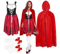 3PCS Adult Red Dress Costume Set for Women Halloween Fancy Dress Costumes with Hooded Cape Cloak Knee Thigh High Socks for Christmas Role Play Outfit (Red, M)