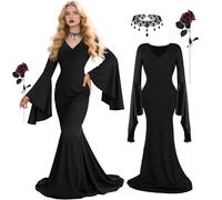 3PCS Adult Women Morticia Addams Costumes, Black Gothic Dress with Rose Necklace, Wed Halloween Cosplay Party Props (X-Large)