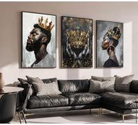3Pcs African Kings and Queens Fabric Wall Art Modern African Kings and Queens Portrait Posters Crown Poster Prints Home Decor Paintings Suitable for Living Room Bedroom Office 12x16 inches