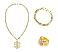 3Pcs Ali g Costume,Hip Hop Fancy Dress,Dollar Sign Necklace,80s/90s Rapper Accessories Set,Gold Chain Glasses,Fake Jewellery,Hippie Costumes Kit Retro Bling Ring Women Men for Christmas Party Prop (3)