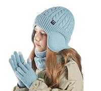 3PCS All-around Kids Winter Hat Scarf Gloves Set 4-10 Years Girls Boys Fleece Lined Knit Beanie cap with Earflap Neck Warmer Snood Insulated Touchscreen Gloves Set Child Thermal Cold Weather Sets