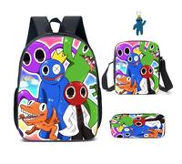 3Pcs Anime Game Rainbow Backpack Set with Keychain,16in 3D Printed Friend Cartoon Lunch Bag High Capacity Schoolbag Boy And Girl Schoolbag. (D)