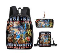 3Pcs Anime Italian Backpack Set with Keychain,16in 3D Printed Cartoon Lunch Bag High Capacity Schoolbag Boy And Girl Schoolbag. (E)