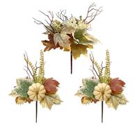 3Pcs Artificial Fall Floral Picks, Artificial Maple Leaf Branches Pumpkin Branches, Fall Maple Leaves Branch with White Pumpkin, Fall Pumpkin Stems for Harvest Halloween Thanksging