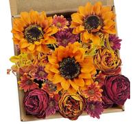 3pcs Artificial Fall Flowers Faux Mums Sunflower Burgundy Fake Peony Silk Rose Hydrangea Flower for DIY Wedding Bridal Bouquet,Party Table Centerpieces,Autumn Floral Arrangement Home Vase Decoration