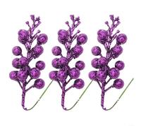 3pcs Artificial Glitter Berry Stems for Christmas, 20cm Foam with Sparkling Frosted Finish, Flexible Wire for Easy Shaping, Perfect for Xmas Tree Ornaments, Wreath, Garland(Purple)