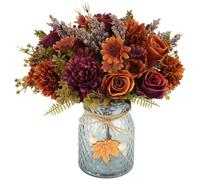 3Pcs Autumn Artificial Flowers with Glass Vase Faux Rose Hydrangea Flowers