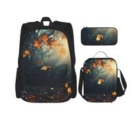3PCS Autumn leaves flying in the misty forest Backpack Sets with Insulated Lunch Bag Pencil Case, 17inch Lightweight Laptop Backpack Shoulder Lunch Box and Pencil Bag for Women Men Travel Bags