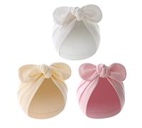 3PCS Baby Bowknot Turban Hats Newborn Infant Girls Boys Knot Beanie Cap Solid Color Cotton Toddler Headwrap for 0-2 Years (Beige+White+Pink)