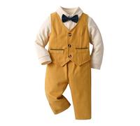 3PCS Baby Boys Christening Suit Toddler Boys Long Sleeve Formal Dress Shirt Bowtie+Vest +Trousers Toddler Dress Suit Infant Gentleman Wedding Outfit Christening Clothes Set (Yellow, 6-9 Months)